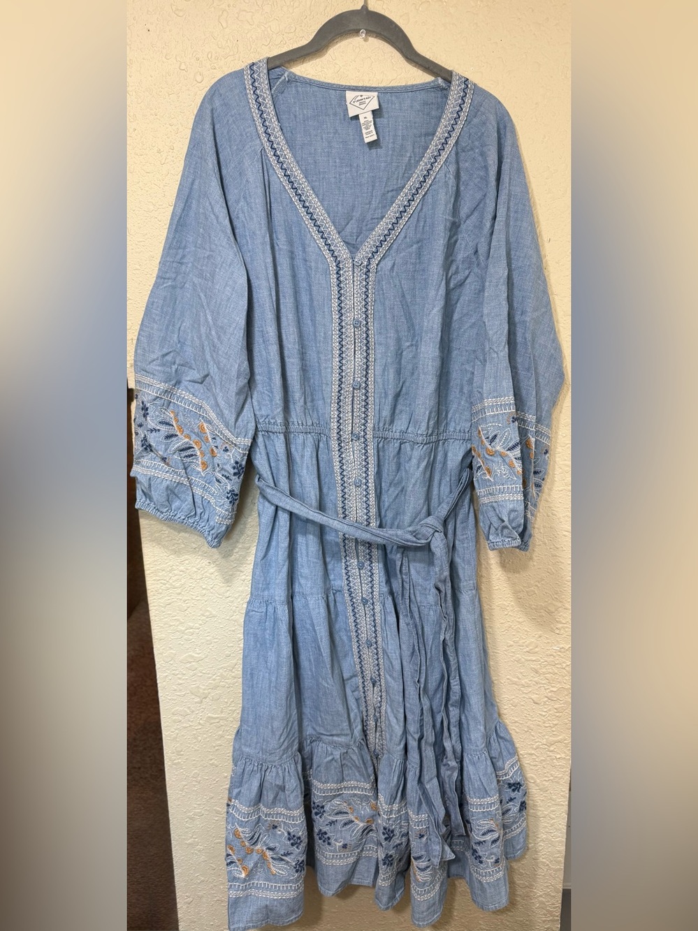 St. John’s Bay Chambray Embroidered Midi Dress with Tie Waist XL
